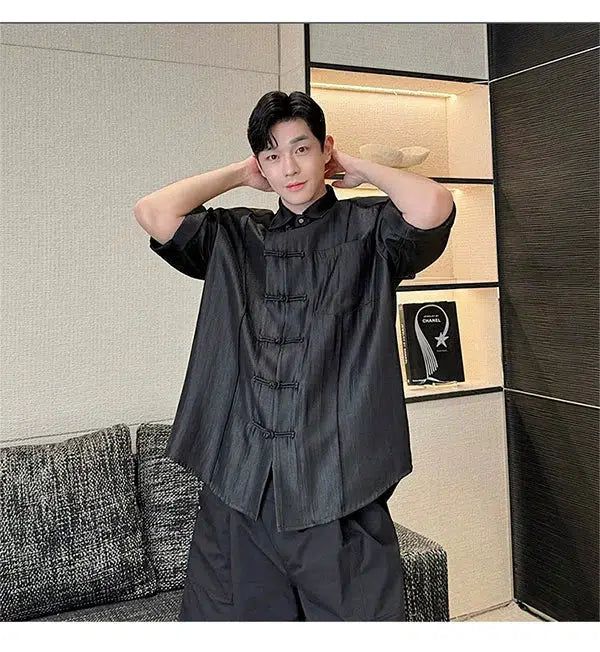 Woo Removable Shoulder Pad Chinese Accent Shirt-korean-fashion-Shirt-Woo's Closet-OH Garments