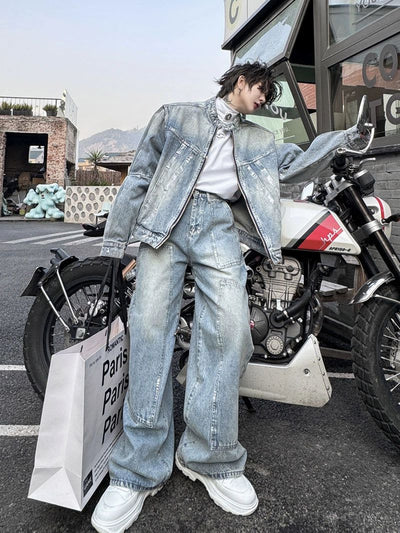 Woo Seam Lines Denim Jacket & Jeans Set-korean-fashion-Pants-Woo's Closet-OH Garments