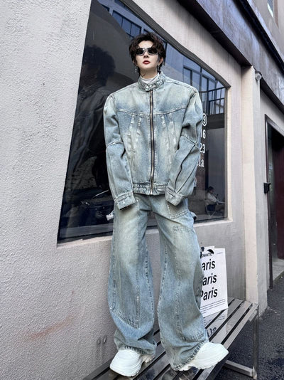 Woo Seam Lines Denim Jacket & Jeans Set-korean-fashion-Pants-Woo's Closet-OH Garments