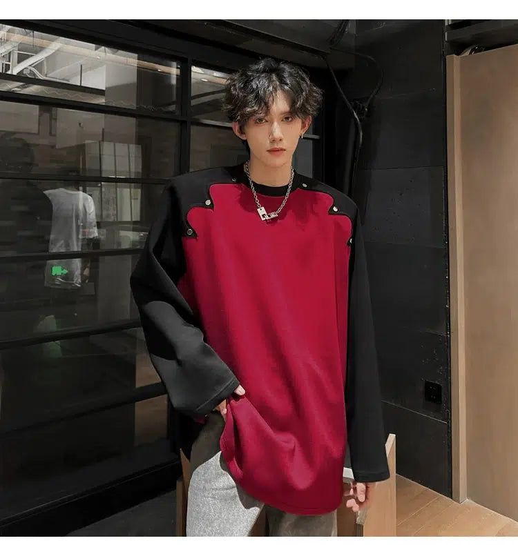 Woo Shoulder Pad Contrast Long Sleeve T-Shirt-korean-fashion-T-Shirt-Woo's Closet-OH Garments