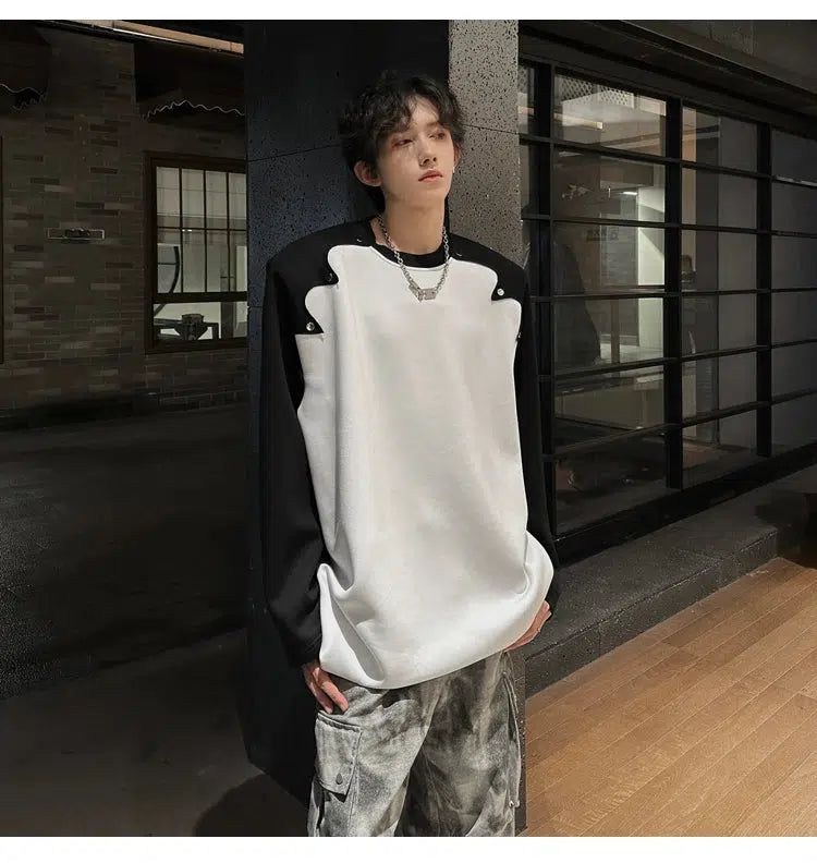 Woo Shoulder Pad Contrast Long Sleeve T-Shirt-korean-fashion-T-Shirt-Woo's Closet-OH Garments