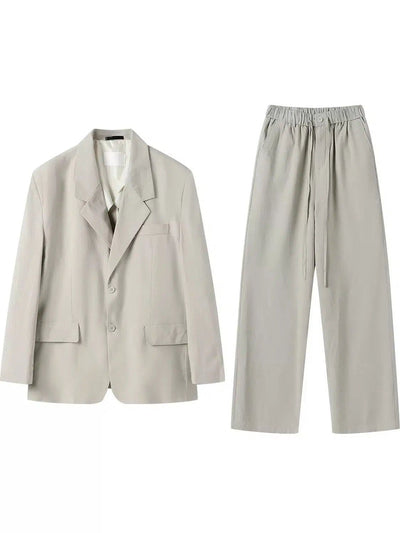 Woo Solid Flap Pocket Blazer & Drawstring Pants Set-korean-fashion-Clothing Set-Woo's Closet-OH Garments