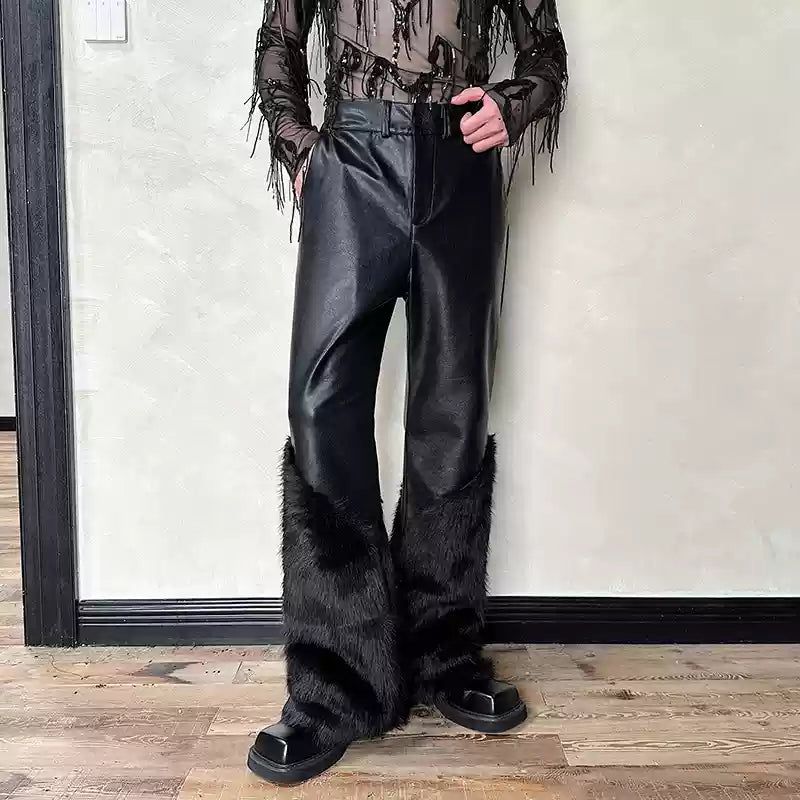 Woo Spliced Fur PU Leather Pants-korean-fashion-Pants-Woo's Closet-OH Garments