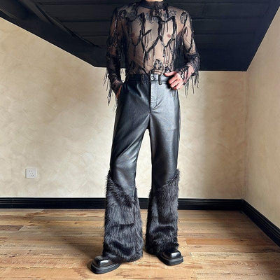 Woo Spliced Fur PU Leather Pants-korean-fashion-Pants-Woo's Closet-OH Garments