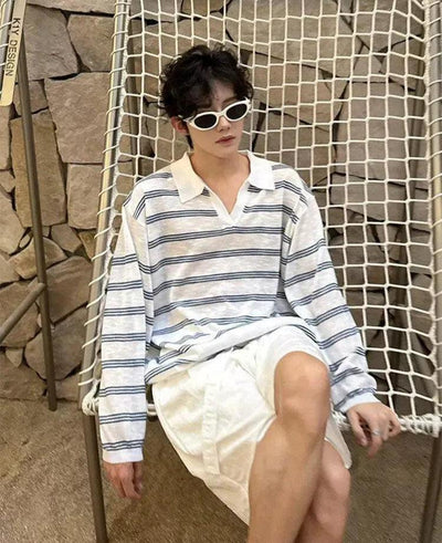 Woo Striped V-Neck Knit L/S T-Shirt-korean-fashion-T-Shirt-Woo's Closet-OH Garments