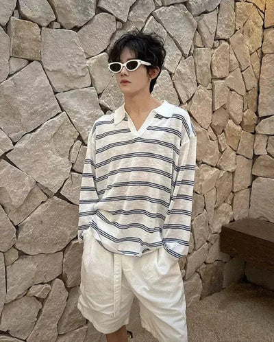 Woo Striped V-Neck Knit L/S T-Shirt-korean-fashion-T-Shirt-Woo's Closet-OH Garments