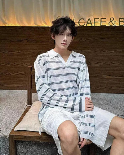 Woo Striped V-Neck Knit L/S T-Shirt-korean-fashion-T-Shirt-Woo's Closet-OH Garments
