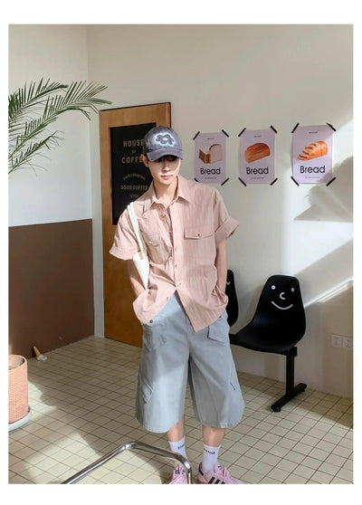 Woo Textured Breast Pocket Short Sleeve Shirt-korean-fashion-Shirt-Woo's Closet-OH Garments