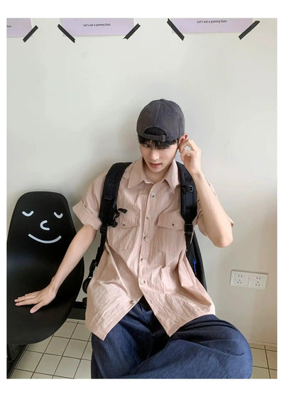 Woo Textured Breast Pocket Short Sleeve Shirt-korean-fashion-Shirt-Woo's Closet-OH Garments
