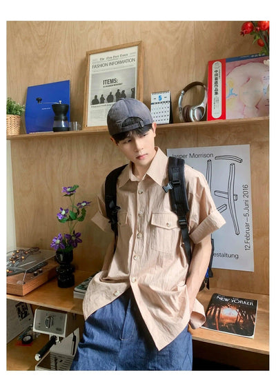Woo Textured Breast Pocket Short Sleeve Shirt-korean-fashion-Shirt-Woo's Closet-OH Garments