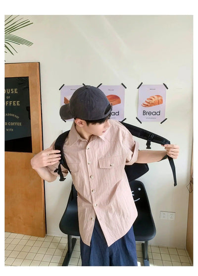 Woo Textured Breast Pocket Short Sleeve Shirt-korean-fashion-Shirt-Woo's Closet-OH Garments