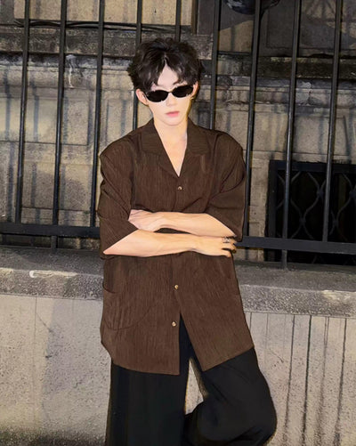 Woo Textured V-Neck Shirt-korean-fashion-Shirt-Woo's Closet-OH Garments