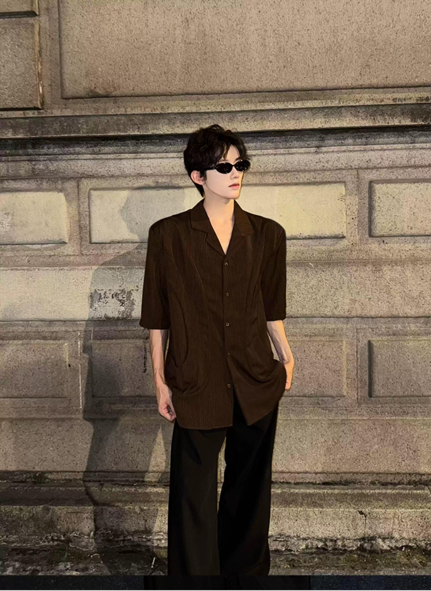 Woo Textured V-Neck Shirt-korean-fashion-Shirt-Woo's Closet-OH Garments
