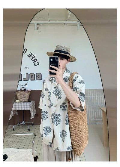 Woo Vintage Floral Print Short Sleeve Shirt-korean-fashion-Shirt-Woo's Closet-OH Garments