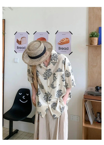 Woo Vintage Floral Print Short Sleeve Shirt-korean-fashion-Shirt-Woo's Closet-OH Garments