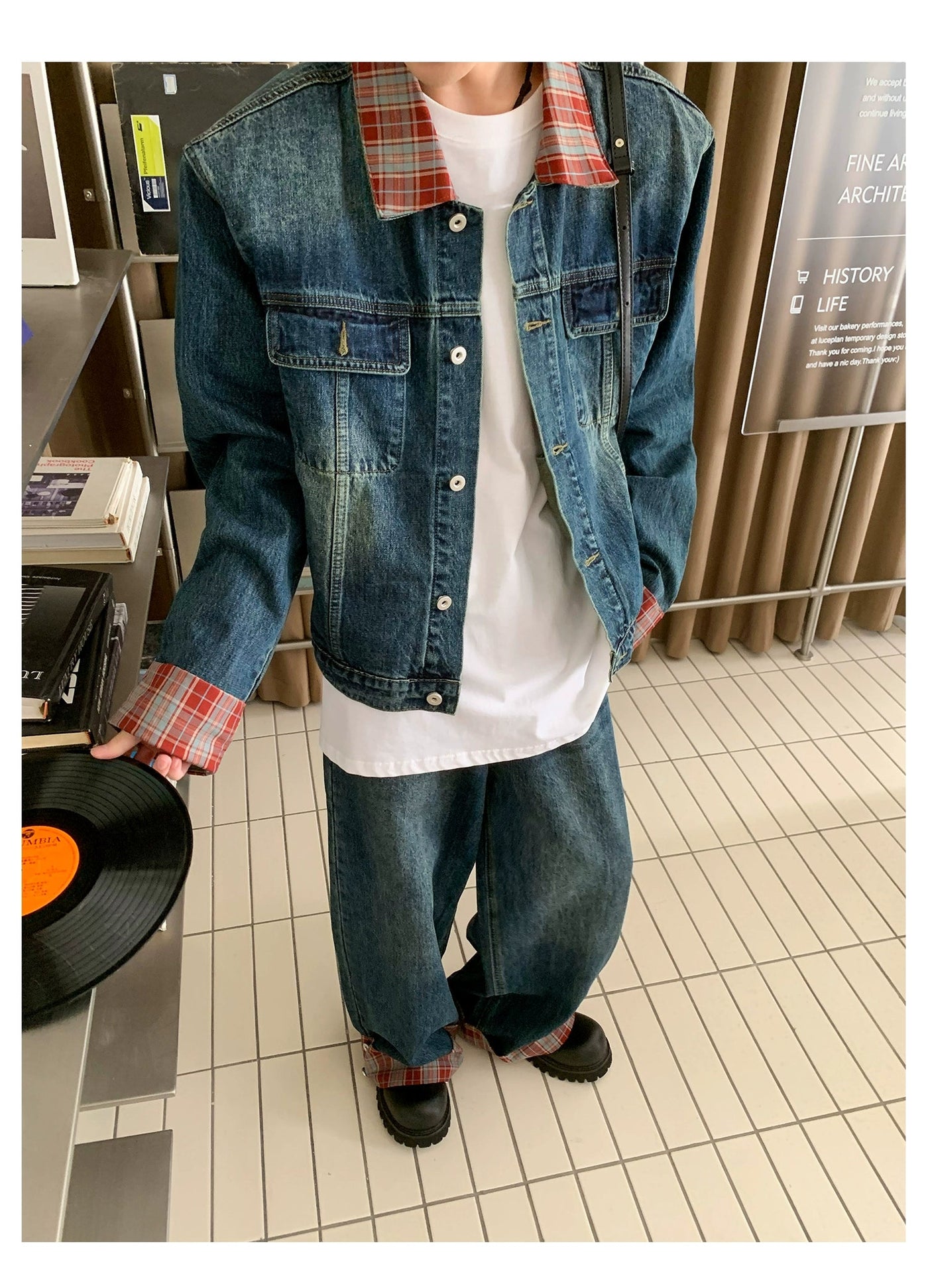 Woo Washed Plaid Spliced Denim Jacket & Jeans Set-korean-fashion-Clothing Set-Woo's Closet-OH Garments