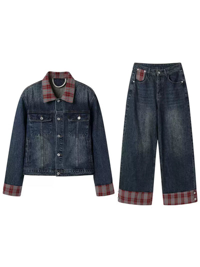 Woo Washed Plaid Spliced Denim Jacket & Jeans Set-korean-fashion-Clothing Set-Woo's Closet-OH Garments