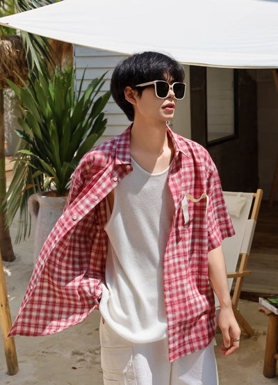 Woo Washed Plaid Strap Detail Shirt-korean-fashion-Shirt-Woo's Closet-OH Garments