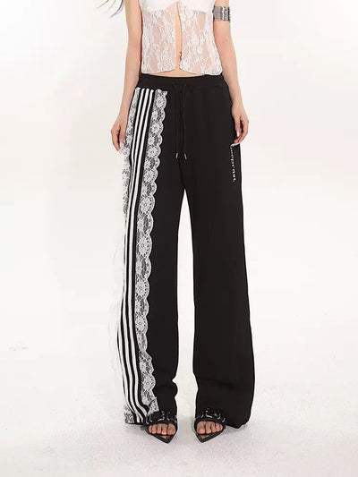 Yaya Basic Lace Three-Stripes Sweatpants-korean-fashion-Pants-Yaya's Closet-OH Garments