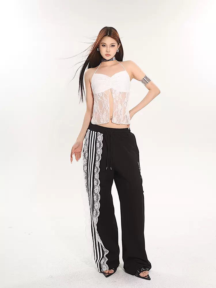 Yaya Basic Lace Three-Stripes Sweatpants-korean-fashion-Pants-Yaya's Closet-OH Garments