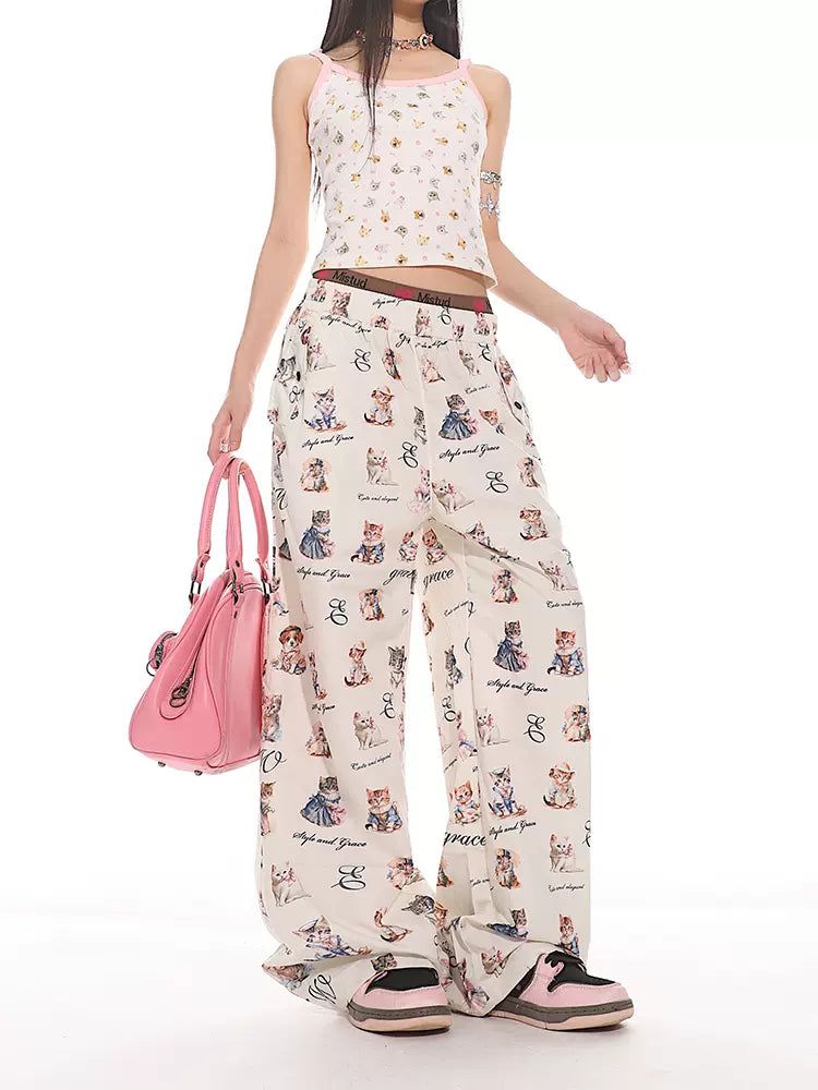 Yaya Cat Lettered Full-Print Pants-korean-fashion-Pants-Yaya's Closet-OH Garments