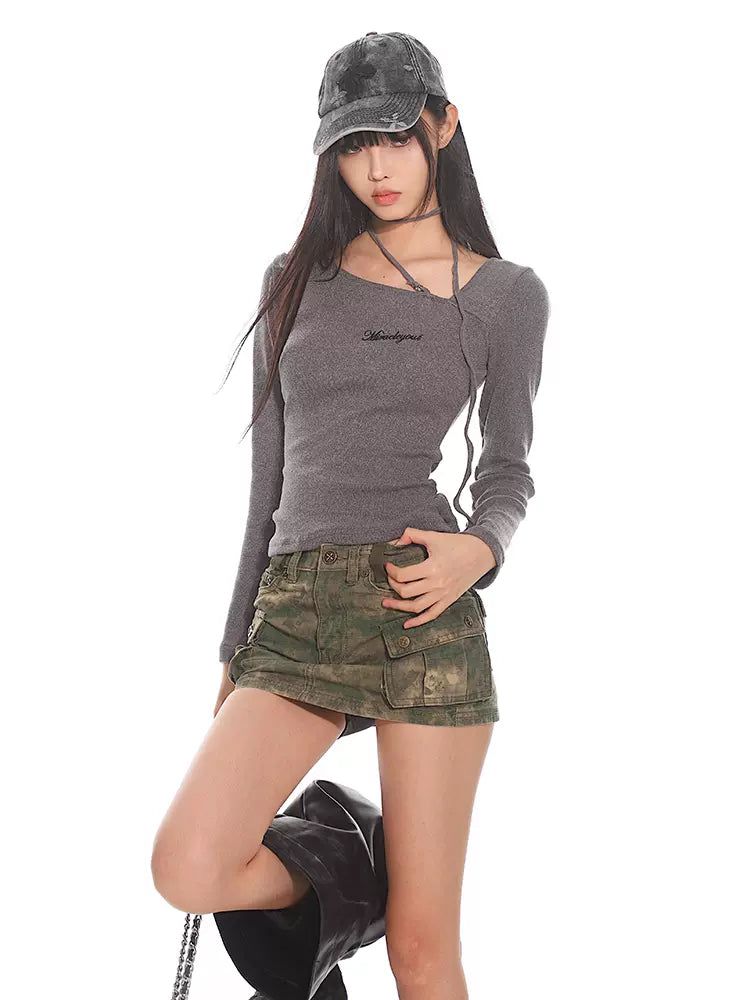 Yaya Neck Strap Knitted Long Sleeve T-Shirt-korean-fashion-T-Shirt-Yaya's Closet-OH Garments
