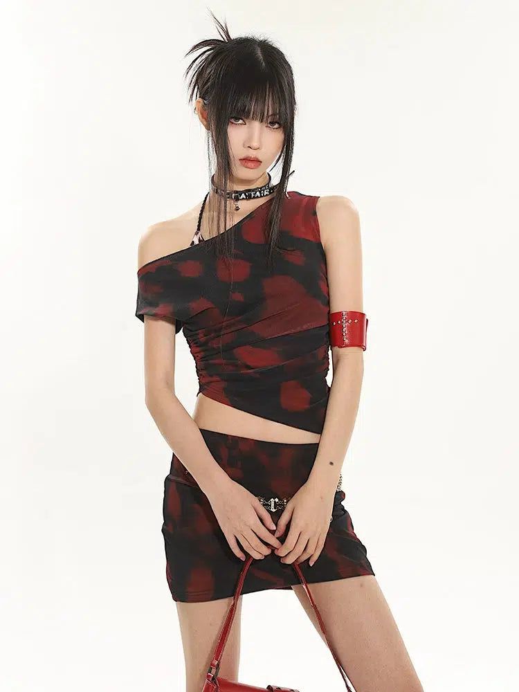 Yaya Smudged Paint Off-Shoulder Blouse & Skirt Set-korean-fashion-Clothing Set-Yaya's Closet-OH Garments