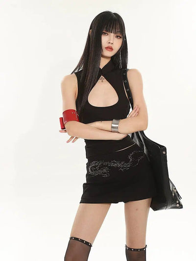 Yaya Solid Hollowed Blouse & Dragon Pattern Skirt Set-korean-fashion-Clothing Set-Yaya's Closet-OH Garments