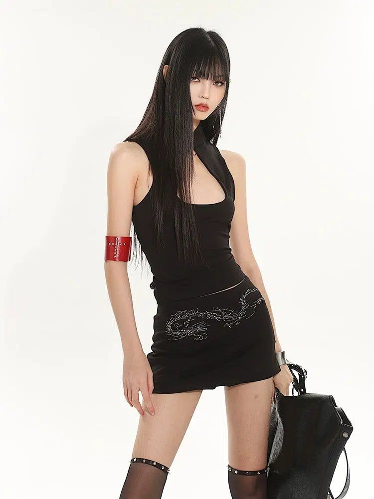 Yaya Solid Hollowed Blouse & Dragon Pattern Skirt Set-korean-fashion-Clothing Set-Yaya's Closet-OH Garments