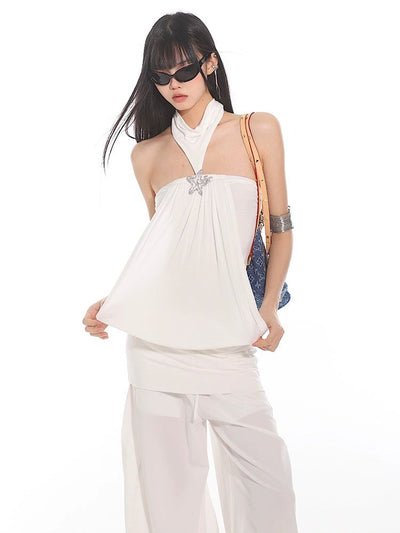 Yaya Star Drapey Halter Neck Top & Wide Pants set-korean-fashion-Clothing Set-Yaya's Closet-OH Garments