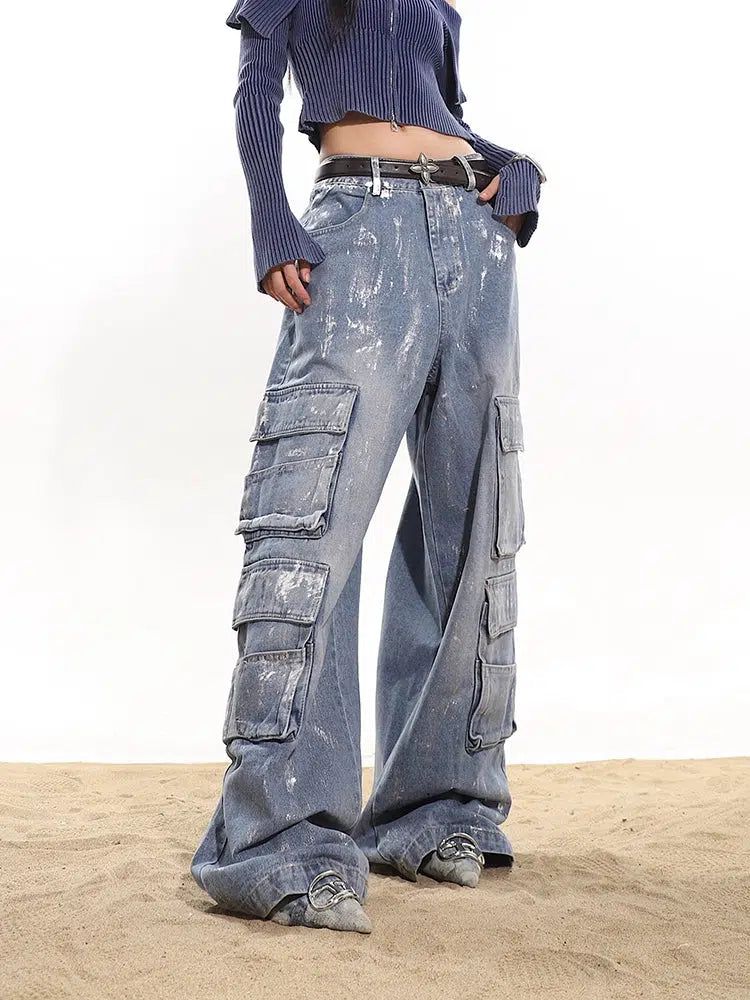 Yaya Washed Smudged Paint Cargo Jeans-korean-fashion-Jeans-Yaya's Closet-OH Garments