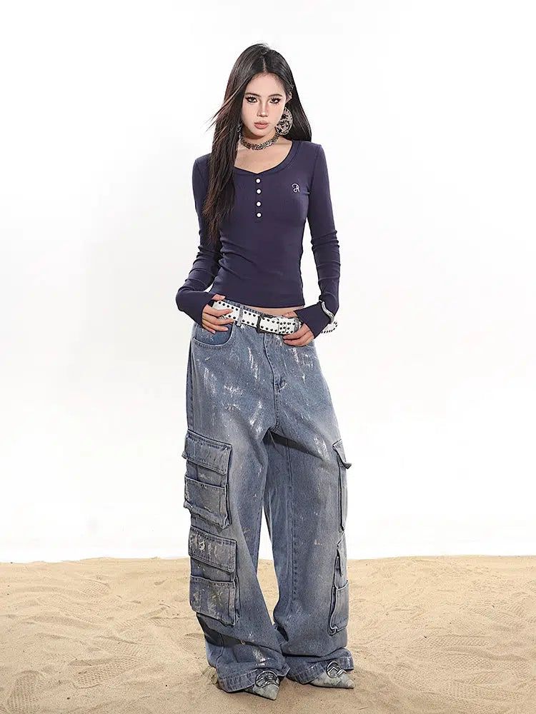 Yaya Washed Smudged Paint Cargo Jeans-korean-fashion-Jeans-Yaya's Closet-OH Garments