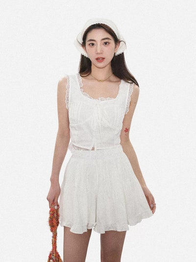 Zen String Knot Lace Trim Tank Top & Pleated Skirt Set-korean-fashion-Clothing Set-Zen's Closet-OH Garments