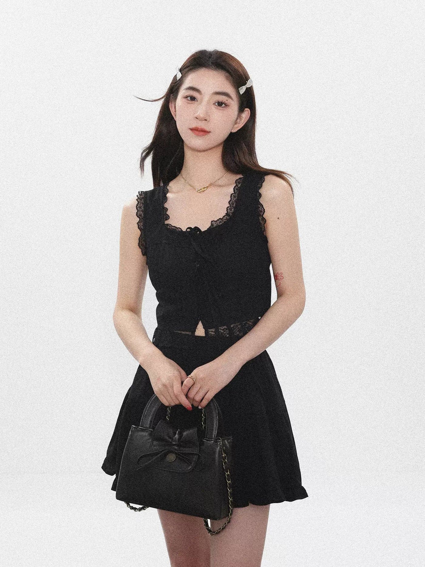 Zen String Knot Lace Trim Tank Top & Pleated Skirt Set-korean-fashion-Clothing Set-Zen's Closet-OH Garments