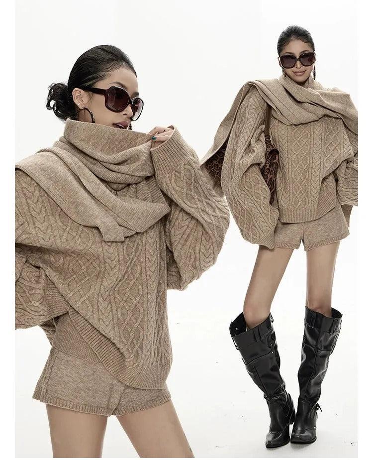 Zero Cable Knit Sweater & Shorts & Scarf Set-korean-fashion-Sweater-Zero's Closet-OH Garments