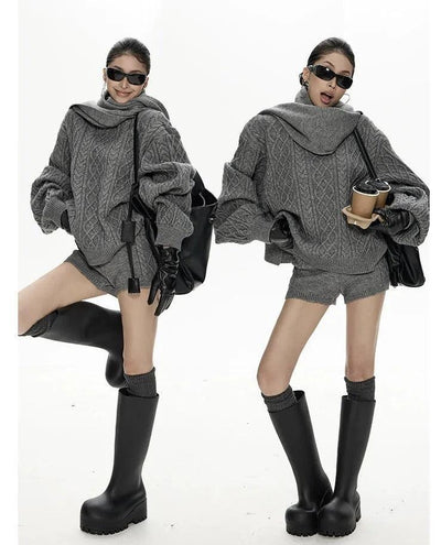 Zero Cable Knit Sweater & Shorts & Scarf Set-korean-fashion-Sweater-Zero's Closet-OH Garments