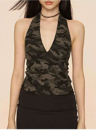 Zero Camouflage Halter V-Neck Tank Top-korean-fashion-Vest-Zero's Closet-OH Garments