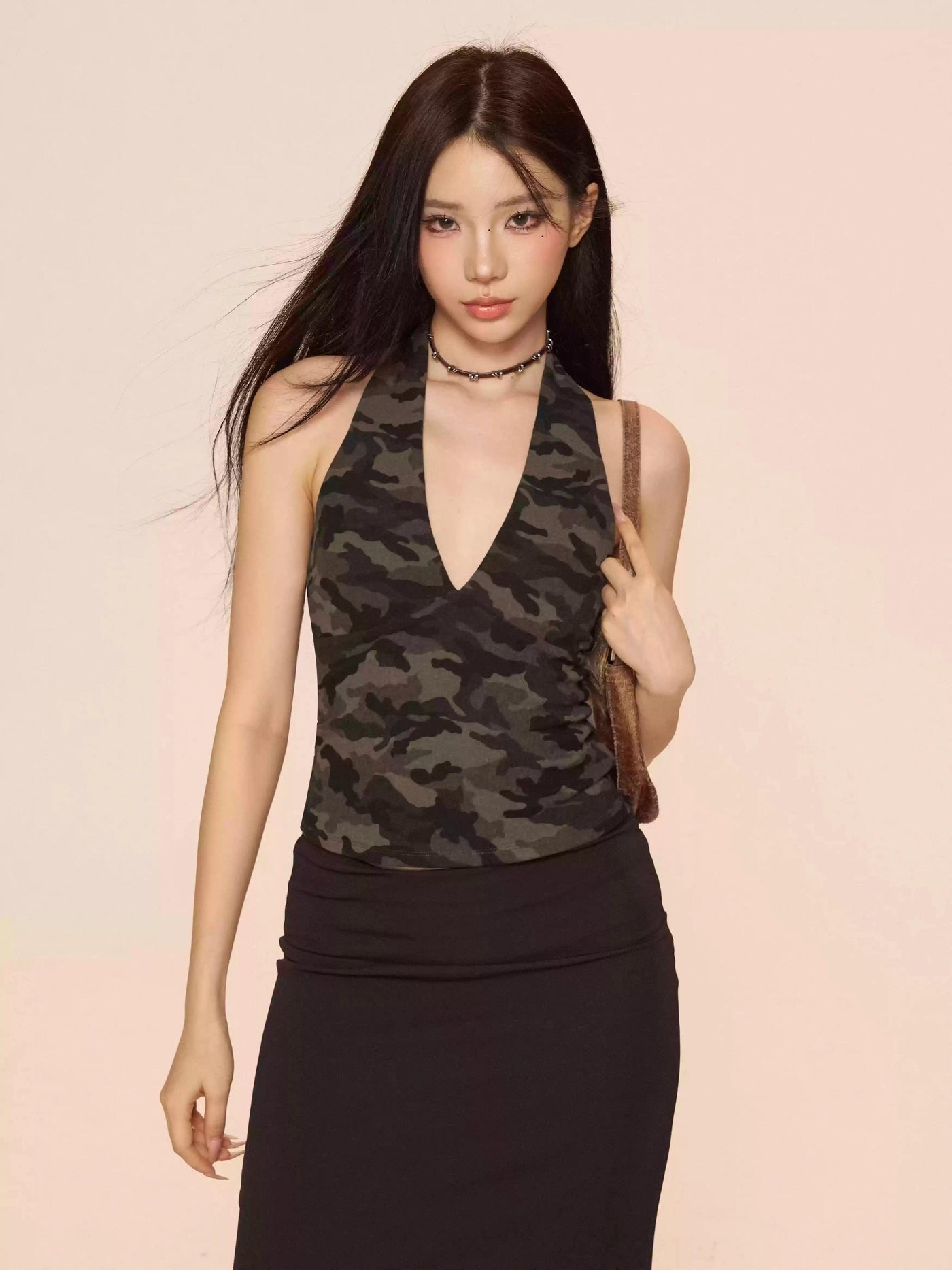 Zero Camouflage Halter V-Neck Tank Top-korean-fashion-Vest-Zero's Closet-OH Garments