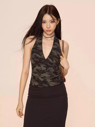 Zero Camouflage Halter V-Neck Tank Top-korean-fashion-Vest-Zero's Closet-OH Garments
