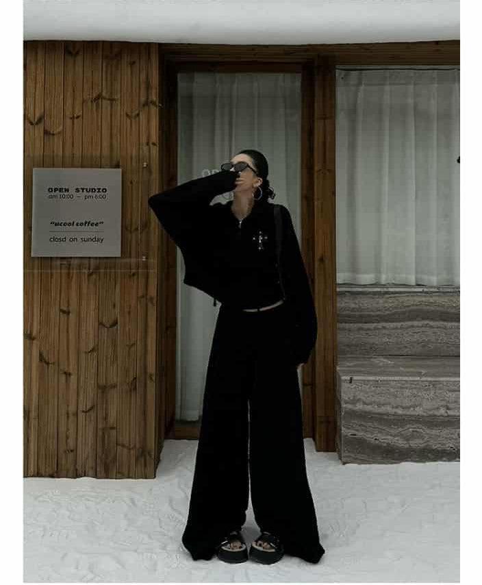 Zero Fuzzy Cross Detail Zipped Hoodie & Wide Sweatpants Set-korean-fashion-Clothing Set-Zero's Closet-OH Garments