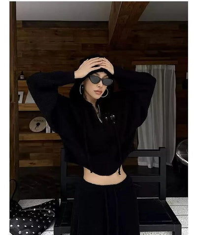 Zero Fuzzy Cross Detail Zipped Hoodie & Wide Sweatpants Set-korean-fashion-Clothing Set-Zero's Closet-OH Garments