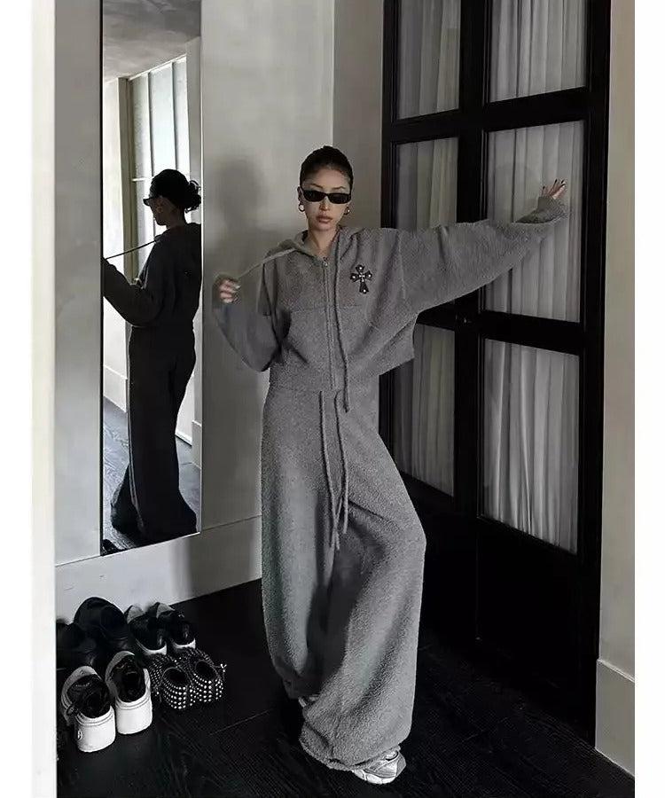 Zero Fuzzy Cross Detail Zipped Hoodie & Wide Sweatpants Set-korean-fashion-Clothing Set-Zero's Closet-OH Garments