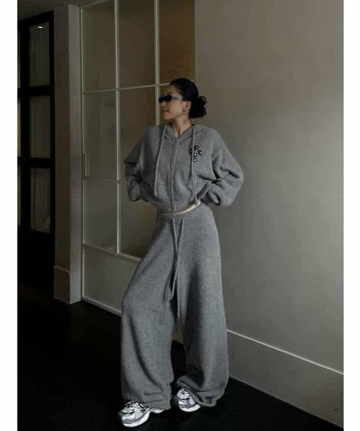 Zero Fuzzy Cross Detail Zipped Hoodie & Wide Sweatpants Set-korean-fashion-Clothing Set-Zero's Closet-OH Garments