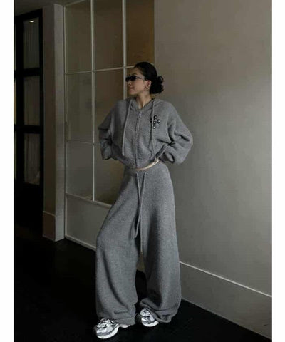 Zero Fuzzy Cross Detail Zipped Hoodie & Wide Sweatpants Set-korean-fashion-Clothing Set-Zero's Closet-OH Garments