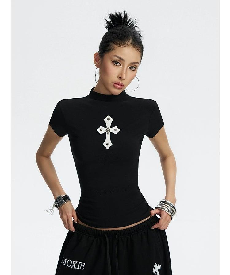 Zero Metallic Rivet Cross Mockneck T-Shirt-korean-fashion-T-Shirt-Zero's Closet-OH Garments