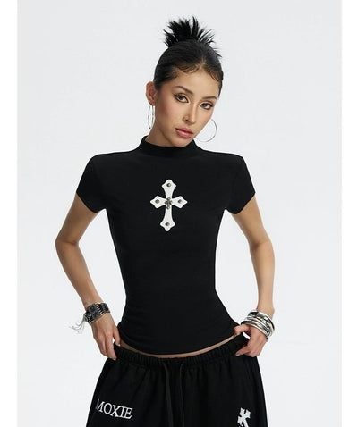 Zero Metallic Rivet Cross Mockneck T-Shirt-korean-fashion-T-Shirt-Zero's Closet-OH Garments