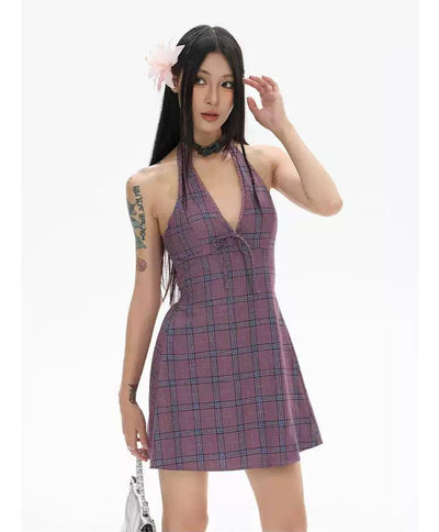 Zero Plaid Chest Pad Halter Dress-korean-fashion-Dress-Zero's Closet-OH Garments