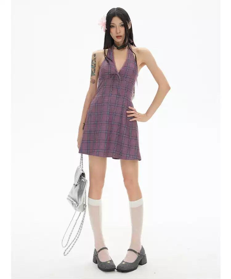 Zero Plaid Chest Pad Halter Dress-korean-fashion-Dress-Zero's Closet-OH Garments