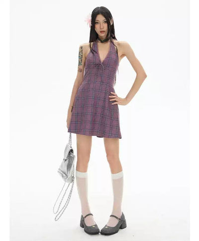 Zero Plaid Chest Pad Halter Dress-korean-fashion-Dress-Zero's Closet-OH Garments