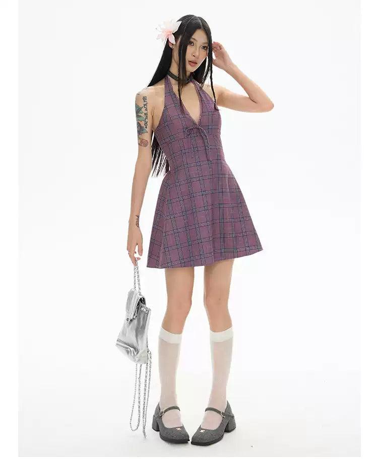 Zero Plaid Chest Pad Halter Dress-korean-fashion-Dress-Zero's Closet-OH Garments